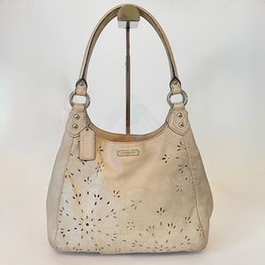 Coach Ashley Tossed Lasercut Beige Leather Shoulder Hand Bag